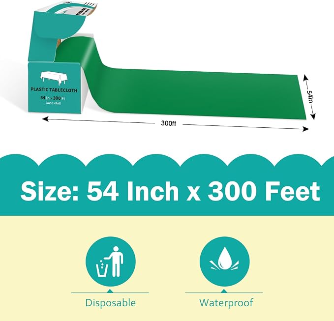 54 Inch x 300 Feet Green Plastic Tablecloth Roll Disposable Table Cloth with Cutter Box Plastic Table Cover for Party - Image 2