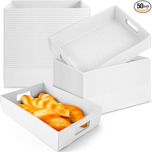 LemonRoad 50 Pack Kraft Cardboard Food Trays Sturdy Disposable Cookie Serving Platters for Parties Paperboard Crate, Dessert Display Tray, Gift Giving, Christmas, Weddings(White,13" X 9" X 3") by Unknown