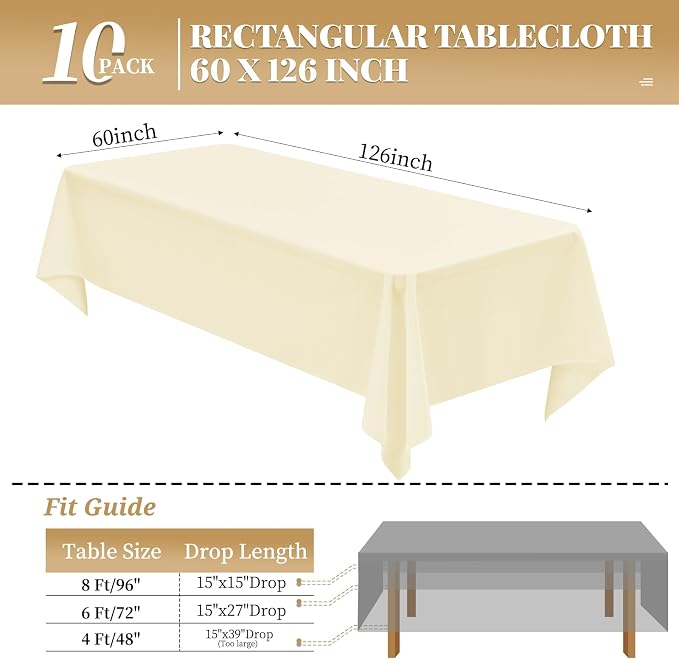 10 Pack Beige Tablecloth 60 x 126 Inch Beige Table Cloth for 8 Foot Rectangle Tables Cream Tablecloth Washable Polyester Fabric Cream Table Cloth Rectangle for Parties Wedding Banquet - Image 2