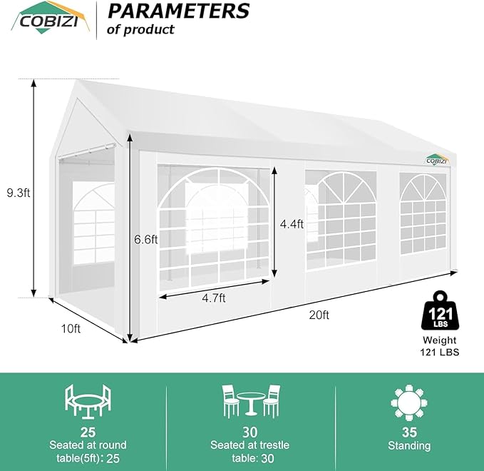 COBIZI 10x20 Party Tent Heavy Duty for Parties, Powder Coating (Better Than Galvanized), Waterproof for Church & Wedding, Large Outdoor Event Gazebo with Removable Sidewall & Built-in Sandbag, White
