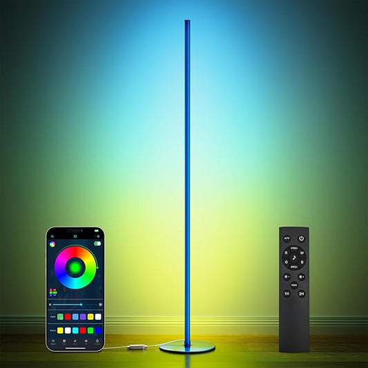 luckystyle Smart RGB Corner Floor Lamp,Bright LED Tall Modern Floor Lamp with APP and Remote,Ambient Lighting Color Changing Standing Lamps with Music Mode and Timing for Living Room,Bedroom Blue