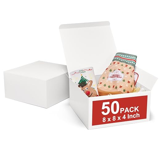MESHA 8x8x4 Gift Box 50 Pack White Gift Boxes with Lids for Present Bulk | DIY Bridesmaid Proposal Box, Cardboard,Recyclable,Foldable Box for Wedding, Birthday Party,Christmas Gift by MESHA
