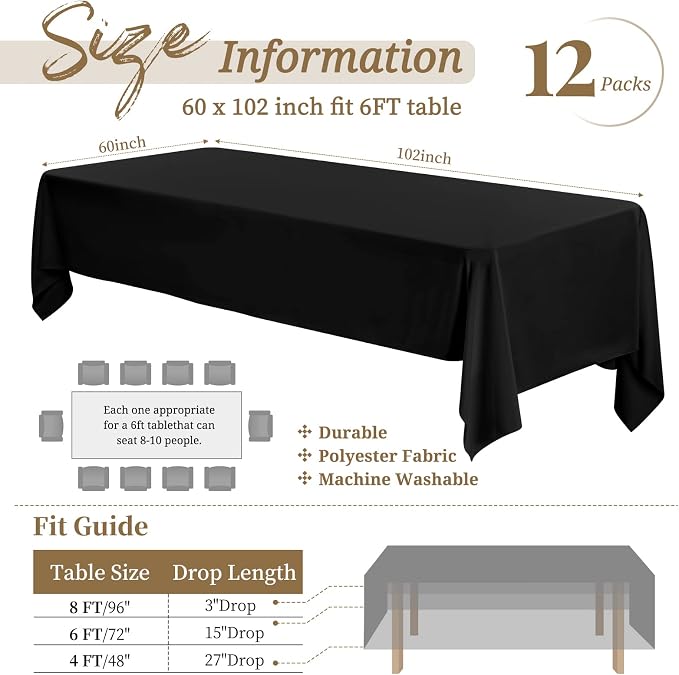 Showgeous 12 Pack Black Polyester 60x102 Inch Tablecloths | Soft polyester, wrinkle resistant, fade resistant, smooth finish, fine stitching, folded hems, reusable, machine washable - Image 2
