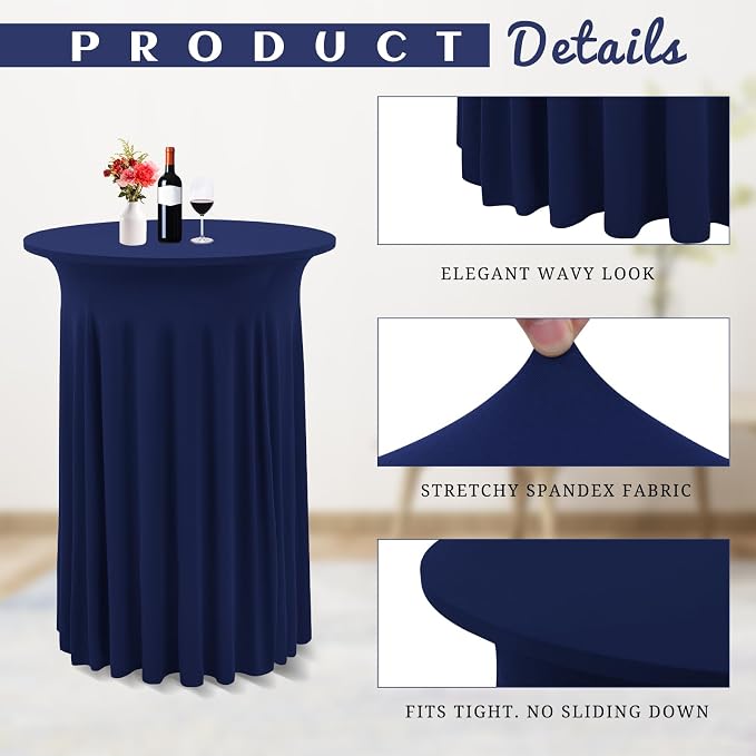 6 Packs Round Cocktail Table Cloth with Wavy Drapes, Spandex Stretch Cocktail Tablecloth, Fitted High Top Table Covers for Wedding Outdoor Parties Patio Bar(32"x 43",Navy Blue) - Image 4