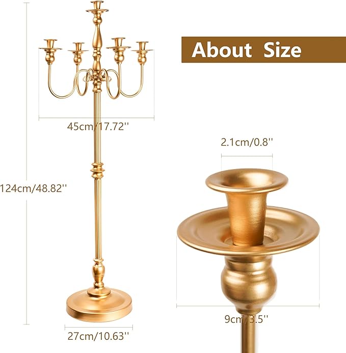 Gold Candelabra for Wedding Event Decor, 50'' Tall Floor Candle Holders, 2 Pcs Metal 5 Arm Centerpiece Decorations for 5 Candlesticks Party Wedding Aisle Home Decor