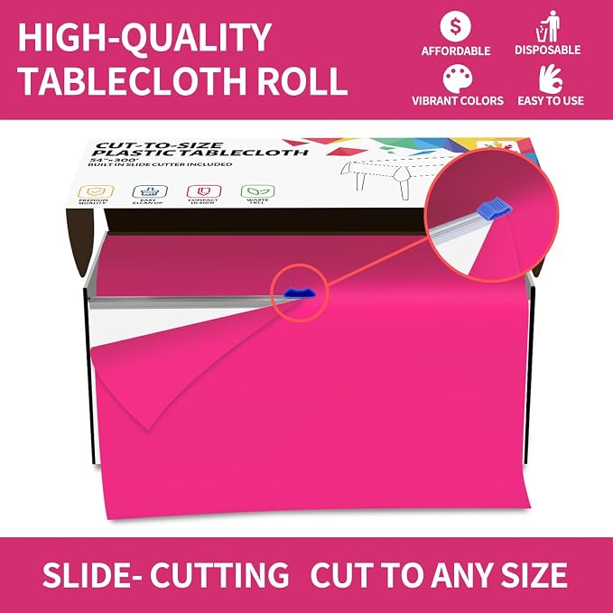 CXPSINC 54 Inch X 300 Feet Plastic Table Cover Roll Disposable Tablecloth with Slide Cutter for All Type/Shape Tables | Party, Banquet, Birthdays, Weddings(Fuchsia, 300 Feet) - Image 4
