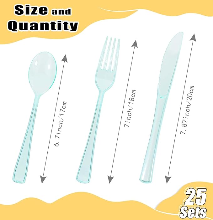 HEIPINIUYE 75 Pack Light Green Clear Plastic Cutlery Heavy Duty Clear Green Plastic Knives Forks and Spoons Disposable Silverware Set for 25 Guest Camping Birthday Baby Shower Party Utensil Set