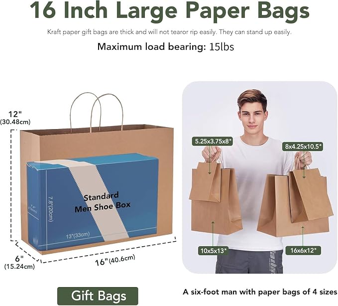 GSSUSA Brown Paper Bags with Handles, Large Gift Bags 16x6x12 Inch, 25 Pack | Sturdy Kraft Shopping Bags for Small Business, Grocery, Food Service, Takeout, Boutique, Retail, and Gift Packaging. - Image 2