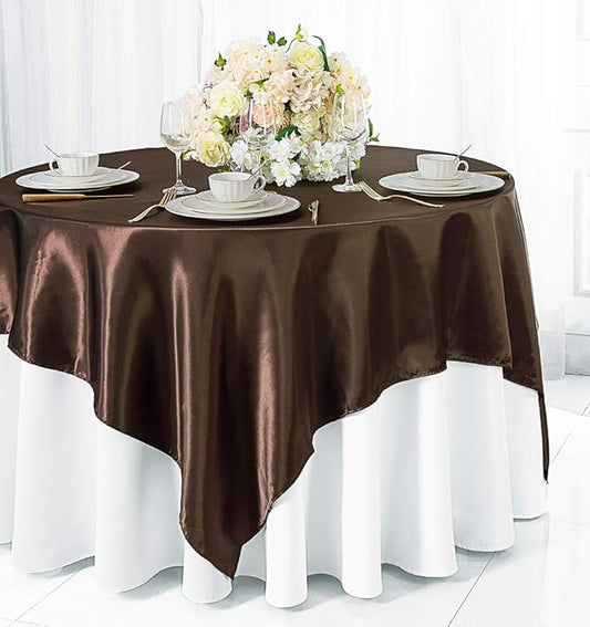 (2 PCS 54" Square Satin Table Overlays Toppers Tablecloths Table Overlay Cover Linens for Wedding Decoration Party Banquet Events - Chocolate