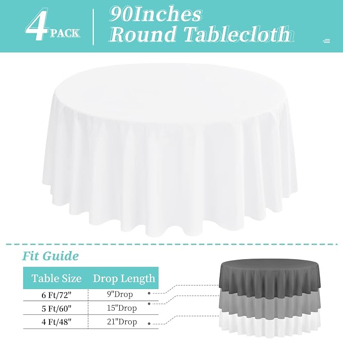 4 Packs 90 Inch White Round Polyester Tablecloths | Table Cover for Round Tables, Stain and Wrinkle Resistant Washable Table Cloth, Perfect for Wedding Banquet Parties - Image 2
