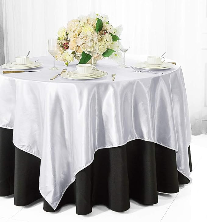 (2 PCS 54" Square Satin Table Overlays Toppers Tablecloths Table Overlay Cover Linens for Wedding Decoration Party Banquet Events - White