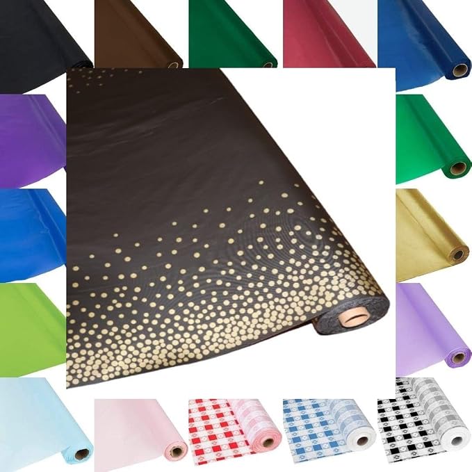QSD Black with Gold Dots Banquet Tablecloth Roll-300 Feet Long (26 Colors) - NO Folds or Creases (Super Fast Set UP) - Quality Supplies Direct by QSD