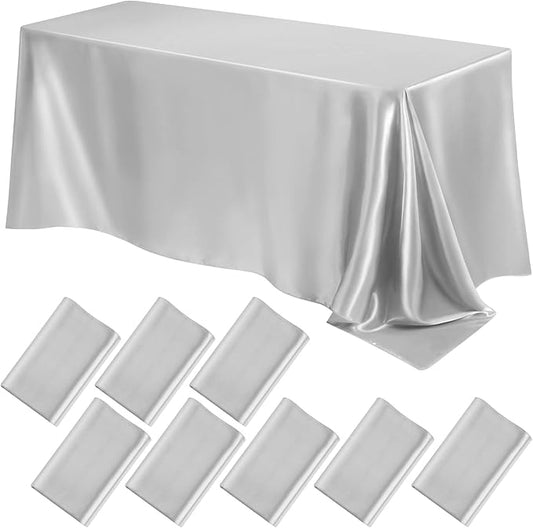 Lounsweer 8 Packs Satin Tablecloth 102 x 58 Inches Rectangle Table Cover Silk Smooth Fabric Party Table Cloth for Rectangle Parties, Holiday Dinner Wedding Banquet Decoration(Silver)