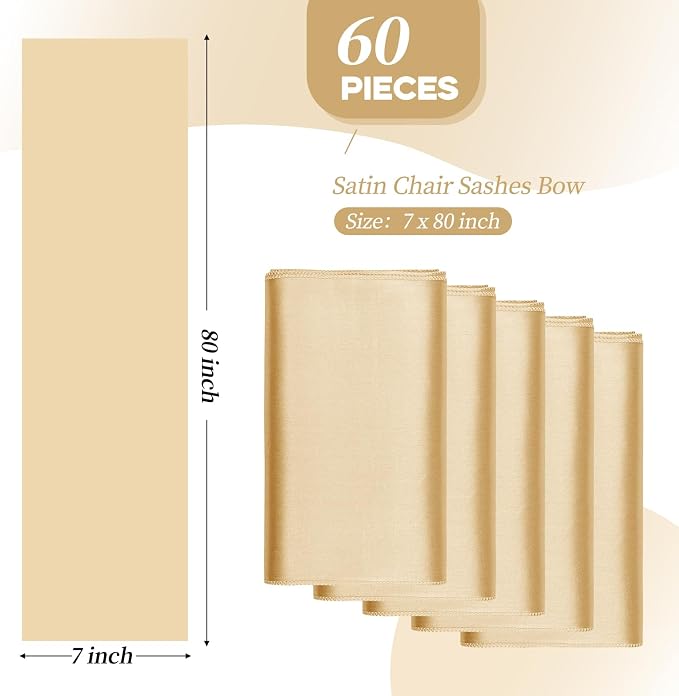 YMHPRIDE 60 PCS Champagne Satin Chair Sashes,Ties Bows Designed Chair Sashes for Wedding Party Baby Shower Banquet Restaurant Hotel Folding Chairs Decoration(Champagne,7x78 inch) - Image 3