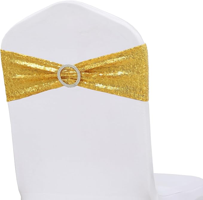 Full Sparkly Sequins Gold Chair Sashes for Wedding, Shimmering Glitter Chair Bands Bows for Party Ceremony Event Decorations - 50 Pack - Image 6