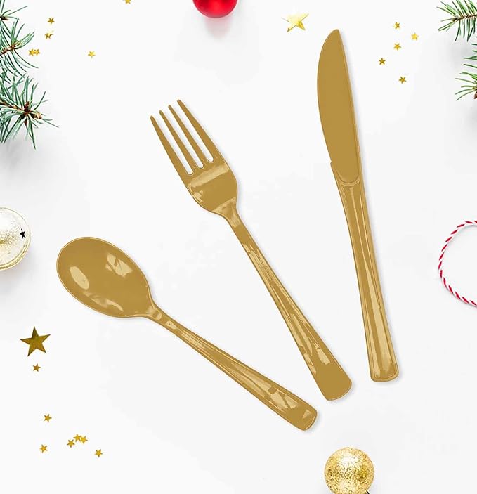 HEIPINIUYE 75 Pack Gold Plastic Cutlery Heavy Duty Gold Plastic Knives Forks and Spoons Disposable Silverware Set for 25 Guest Camping Birthday Baby Shower Party Cutlery Set