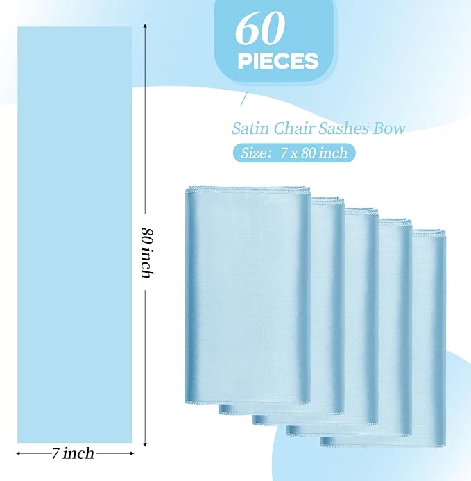 YMHPRIDE 60 PCS Baby Blue Satin Chair Sashes,Ties Bows Designed Chair Sashes for Wedding Party Baby Shower Banquet Restaurant Hotel Folding Chairs Decoration(Light Blue,7x78 inch) - Image 3
