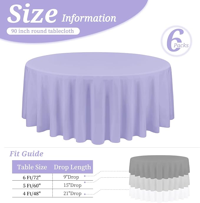 YMHPRIDE 6 Pack Round Tablecloth Lavender Table Cloths 90 Inch Polyester Round Tablecloth,Lavender Tablecloths Round 90 inch Washable Fabric Table Covers for Wedding,Party,Dining,Banquet - Image 2