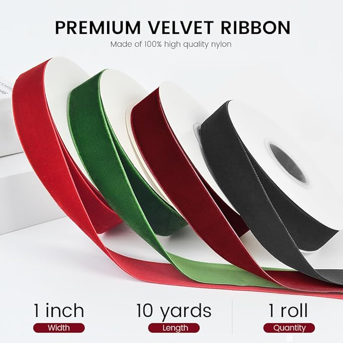 1" Wide x 10 Yards Velvet Ribbon, Vintage Single Face Velvet Ribbons for Gift Wrapping, Christmas Wrapping Bows, Wedding Decor, Sewing and More (Burgundy)