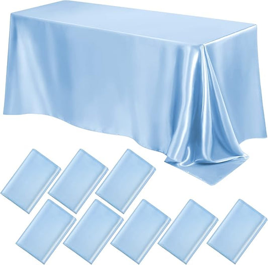 Lounsweer 8 Packs Satin Tablecloth 102 x 58 Inches Rectangle Table Cover Silk Smooth Fabric Party Table Cloth for Rectangle Parties, Holiday Dinner Wedding Banquet Decoration(Sky Blue)
