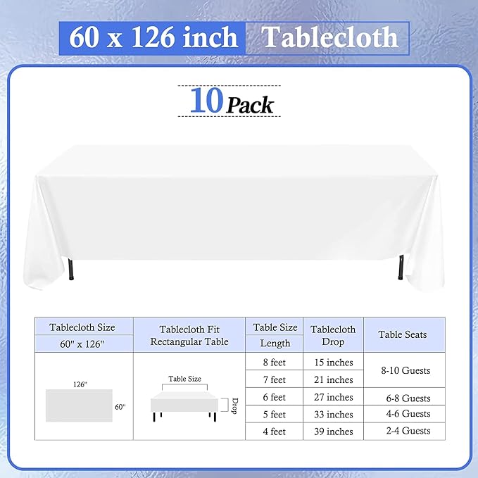 10 Pack White Tablecloths for 8ft Tables-60 x 126 Inch | Polyester Table Cover, Stain and Wrinkle Resistant Washable Fabric Table Cloth, Perfect for Wedding Banquet Parties - Image 2