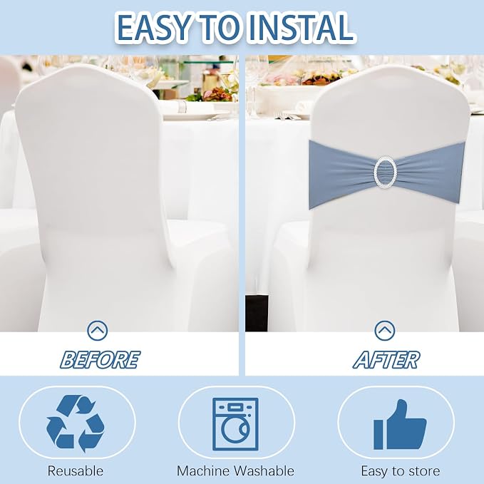 CHENGU 150 Pcs Chair Sashes Dusty Blue Spandex Stretch Elastic with Buckle - Image 5