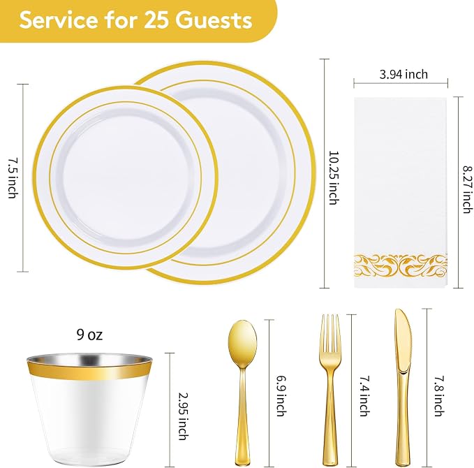 Goodluck 175 Pcs Gold Dinnerware Sets for 25 Guests, Disposable Plate Sets | Plastic Plates for Party, Include: 25 Dinner Plates, 25 Dessert Plates, 25 Paper Napkins, 25 Cups, 25 Gold Silverware Set - Image 4