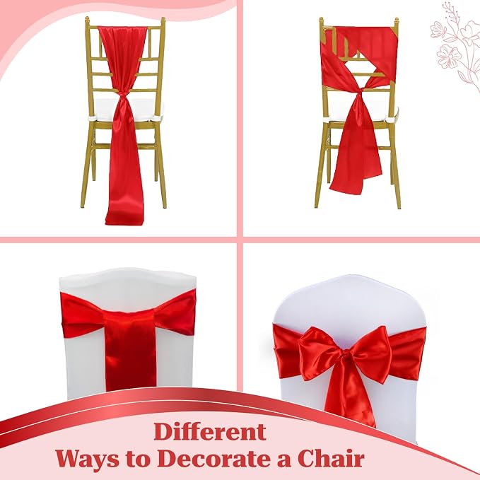 VDS Satin Chair Sashes Chair Cover Back Tie Sateen Bows Ribbon for Wedding Birthday Graduation Engagement Ceremony Event Party Banquet Venue Hotel All Dining Chair Decoration (25PC) (Red) - Image 4
