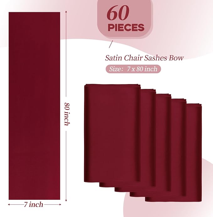 YMHPRIDE 60 PCS Burgundy Satin Chair Sashes,Ties Bows Designed Chair Sashes for Wedding Party Baby Shower Banquet Restaurant Hotel Folding Chairs Decoration(Burgundy,7x78 inch) - Image 3