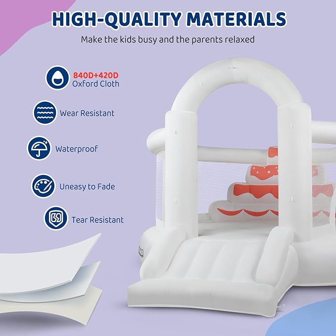 (2025 New) JOYMOR Bounce House for Kids (12FTx10FTx7.2FT) with Slide, Balloons, Spacious Bouncer, White Bounce House for Kids Birthday Party w/Blower 30s Set-up, Portable Bag (Cake)