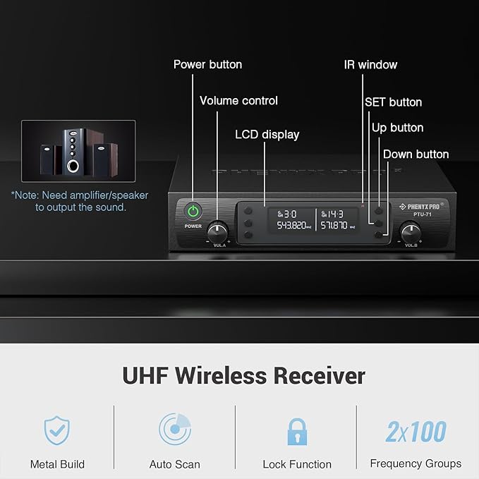 Phenyx Pro Wireless Microphone System, Dual Mic Set with Handheld/Bodypack/Lapel Mics,Auto Scan, 2x100 UHF Frequencies,328ft Range,Cordless Microphone for Singing, Karaoke, Church(PTU-71-1H1B)