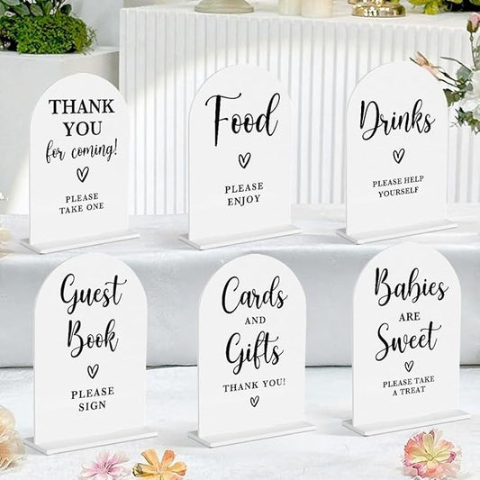 6 Pcs Baby in Bloom Shower Decorations, Baby Shower Sign, Newborn Gifts, Cards and Gifts Signs, Guest Book Sign, Modern Arched Acrylic Table Top Signs With Stand for Birthday Party Decorations (White)