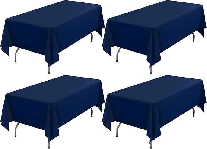 Showgeous 4 Pack Navy Blue Polyester 60x102 Inch Tablecloths | Soft polyester, wrinkle resistant, fade resistant, smooth finish, fine stitching, folded hems, reusable, machine washable by Showgeous