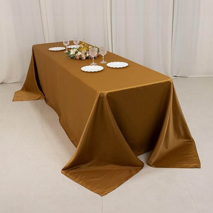 Efavormart Gold Seamless Lamour Satin Rectangle Tablecloth - 90"x156" for 8 Foot Table with Floor-Length Drop