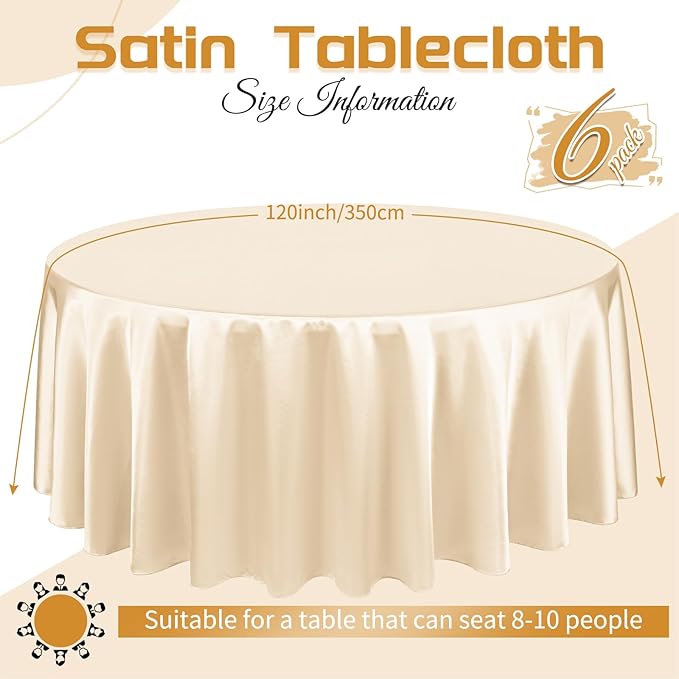YMHPRIDE 6 Packs Satin Tablecloth 120 inch Champagne Round Tablecloths, Overlay Satin Table Cover Bright Silk Tablecloth Smooth Fabric Table Decoration for Wedding Party Banquet Events