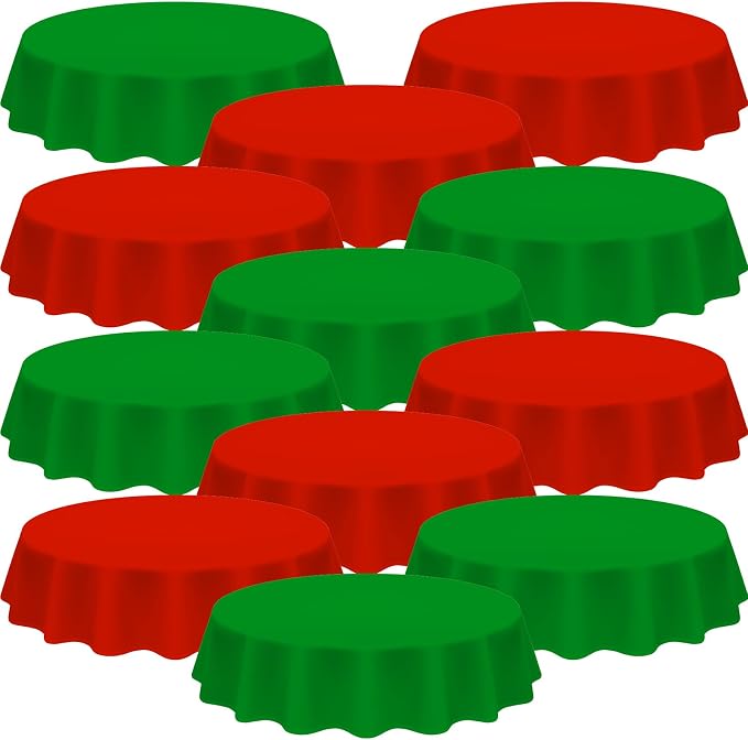 Amylove 36 Pcs Christmas Plastic Tablecloth 84 Inch Round Disposable Plastic Table Cloth Waterproof Decorative Table Cover for Parties Christmas Decor (Red,Green) by Amylove