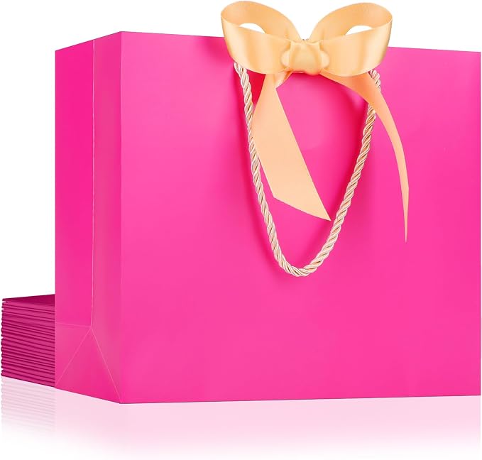 EUSOAR Hot Pink Gift Bags, 12pcs 10.6"x3.1"x8.3" Shopping Paper Bags with Bow Ribbon Handle, Party Favor Kraft Paper Bags Thank You Gift Treat Bags for Merchandise Shopping Wedding Birthday by EUSOAR