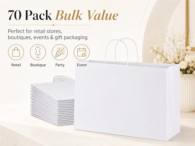 Large Kraft Paper Bags with Handles Bulk for Shopping,70 Pack,White | 16x6x12 Inch,120GSM,Thick,Durable,8LB Load,Heavy Duty for Retail ,event,boutiques,corporate gifts,wedding,party - Image 2