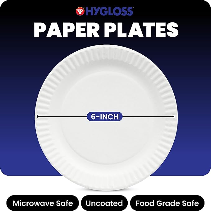 Hygloss Paper Plates 6-Inch, 200 Count, White, Uncoated, Microwave Safe | Bulk small disposable dessert plates for party, cake, appetizer, snack, foodware and crafts, environmentally friendly - Image 2