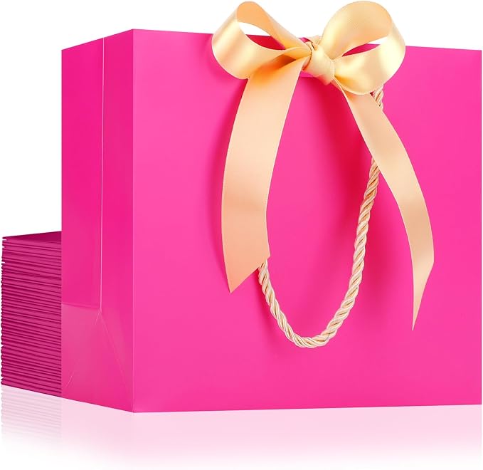 EUSOAR Hot Pink Heavy Duty Gift Bags, 20pcs 8.6"x3.9"x7" with Handle & Ribbon, Perfect for Weddings, Birthdays, Anniversaries & More by EUSOAR