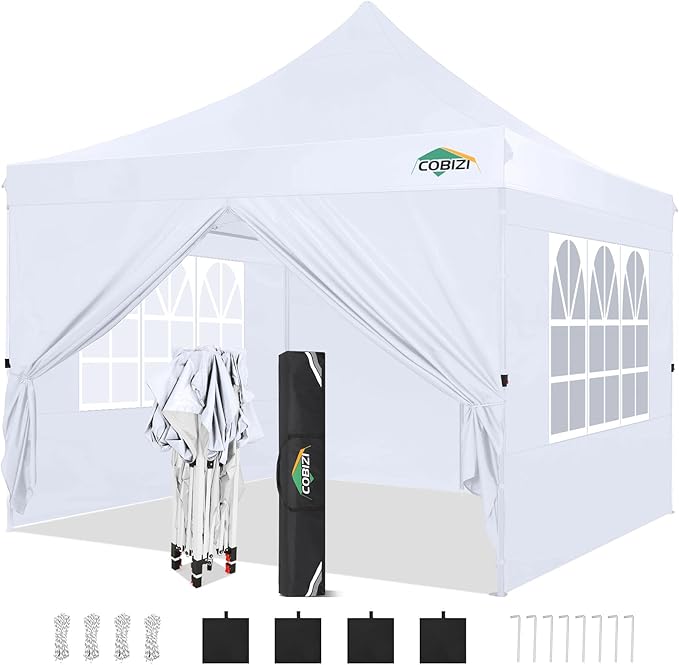 COBIZI 10x10 Pop Up Canopy with 4 Sidewalls, Canopy Tent 10x10 for Parties, Backyard, Commercial, Waterproof and Portable Instant Shelter UV50+ Outdoor Gazebo with 4 Sandbags(White)