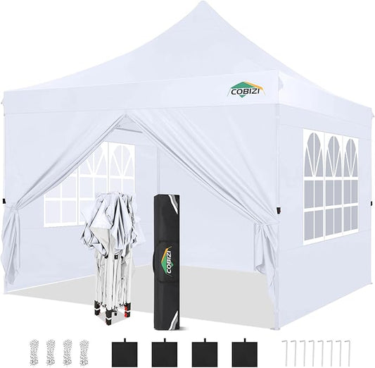 COBIZI 10x10 Pop Up Canopy with 4 Sidewalls, Canopy Tent 10x10 for Parties, Backyard, Commercial, Waterproof and Portable Instant Shelter UV50+ Outdoor Gazebo with 4 Sandbags(White)