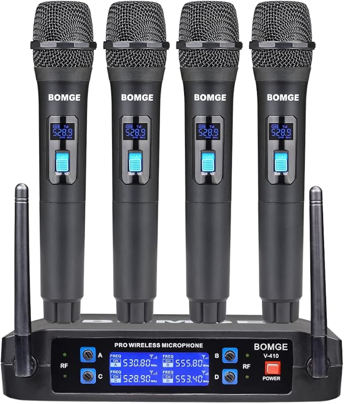 BOMGE Wireless Microphone System, Pro 4-Channel Cordless Mic Set with Four Handheld Mics, Fixed Frequency, Long Range 200ft, Ideal for Church,Karaoke, Events (V410)