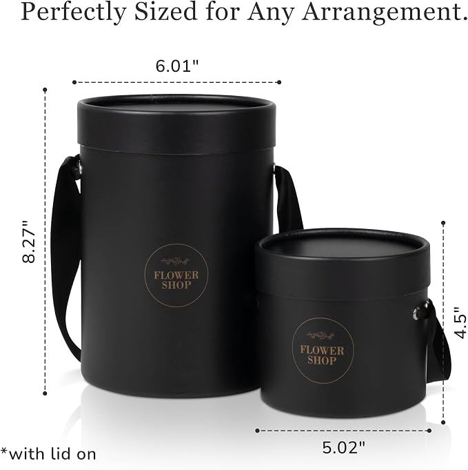 4 Flower Bouquet Hat Boxes | 2 Per Size Round Floral Arrangement Vase | Satin Ribbon Handle & Waterproof Liner | Gift Box for Flowers with Lids | Black - Image 2