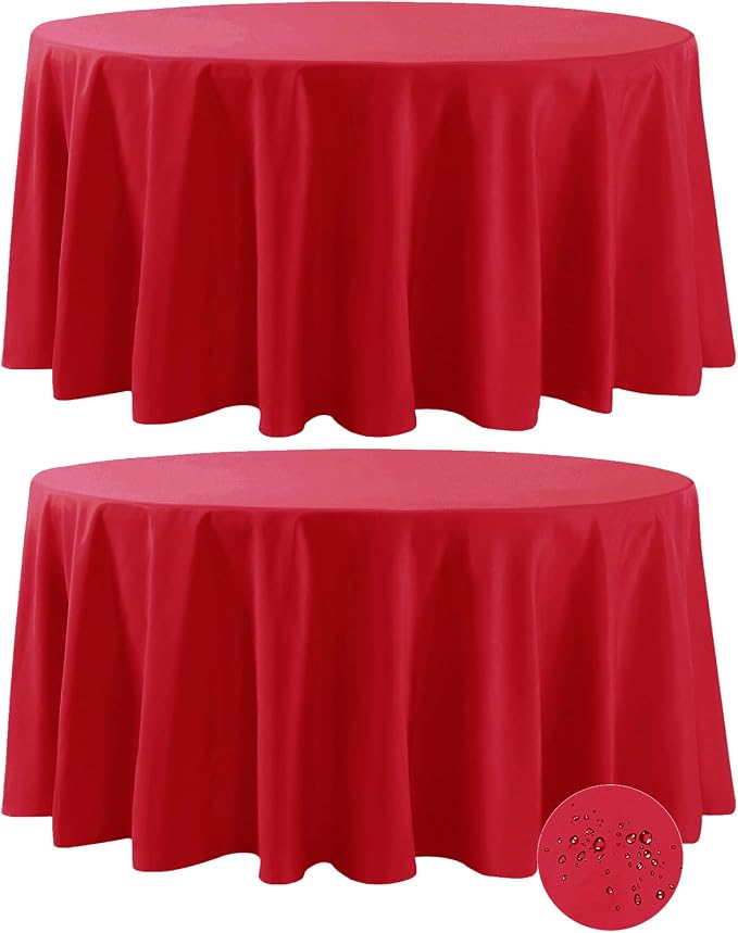 Fokitut 2 Pack Waterproof Round Tablecloth, 132 Inch, Stain Resistant and Wrinkle Polyester Table Cloth, Fabric Table Cover for Kitchen Dining, Wedding, Party, Holiday Dinner-Red by BalsaCircle
