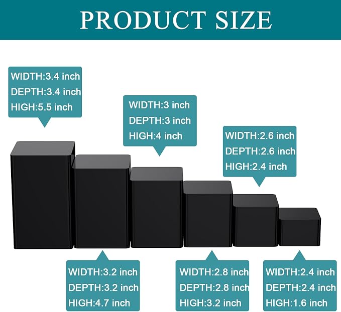 Thyle Jewelry Acrylic Risers Square Cube Display Nesting Risers Figure Stand with Hollow Bottoms Display Stand Shelf for Cosmetics Food Collectibles Perfume, 6 Sizes (Black,12 Pcs) - Image 2
