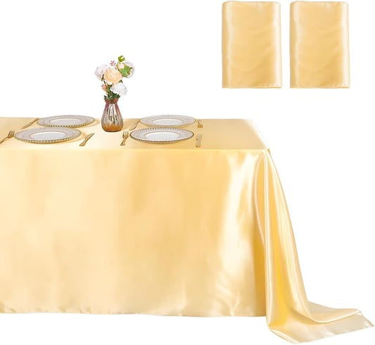 ShinyBeauty Satin Tablecloth 2 Packs 60"X102" Gold Table Cloths Rectangle Tablecloth Dining Soft Tablecloths Rectangular Gold Table Cloth Overlay for Outdoor Wedding Banquets