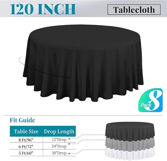 fani 8 Packs Black Round Tablecloth - 120 Inch, Polyester | Table Cloth for Round Tables, Washable Fabric, TableCovers for Wedding, Party, Banquet, Dining Tables, Camping - Image 2