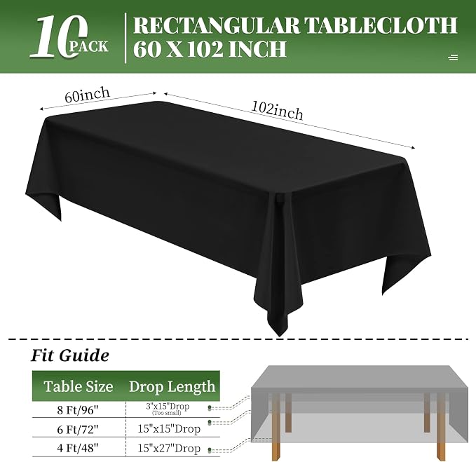 10 Pack Black Table Clothes for 6 Foot Rectangle Tables 60 x 102 Inch Rectangle Tablecloth 6ft Table Cloth Linen Polyester Fabric Washable Black Tablecloths for Parties Wedding Banquet - Image 2