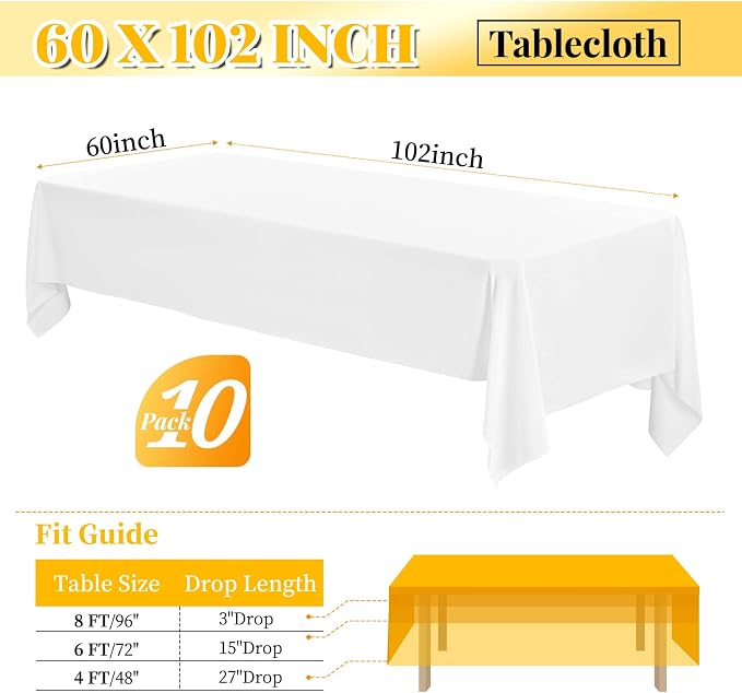 fani 10 Packs White Tablecloth - 60 x 102 Inch for 6Ft Tables | Washable Polyester Fabric, Stain Wrinkle Resistant Rectangle Table Cloth for Wedding Banquets Parties Buffet Dining - Image 2